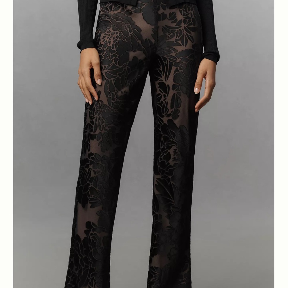 Anthropologie Black Sheer Floral Velvet Burnout Trousers